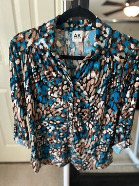 Anne Klein Teal, Brown & White Abstract Printed Blouse Sz M